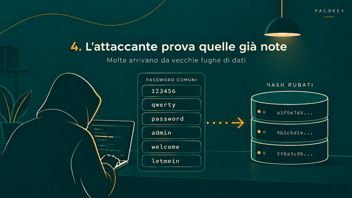 Un attaccante prova un elenco di password comuni contro un database di hash rubati