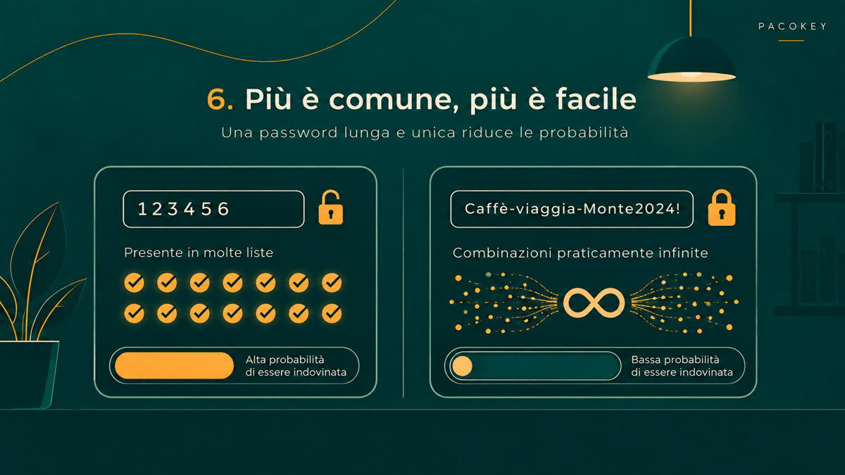 Un confronto visivo tra una password debole, presente in molte liste, e una lunga e unica